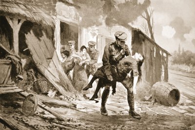 Gunner Rafferty trägt eine verwundete Frau in Sicherheit aus einem Bauernhaus, das beschossen wurde (Lithografie) von John Harris Valda