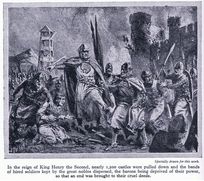 In der Regierungszeit von König Heinrich II. wurden fast 1200 Burgen abgerissen, wodurch die Barone ihrer Macht beraubt wurden, ca. 1950 von John Harris Valda