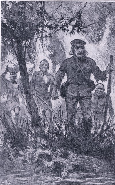 Livingstone schoss auf den Löwen, aber der Löwe griff ihn an, biss seine Schulter und brach seinen linken Arm, Newnes Pictorial Knowledge von John Harris Valda