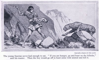 Der junge Spartaner hatte nie genug zu essen. Sie wurden in die Hügel geschickt, um zu jagen, ca. 1950 von John Harris Valda