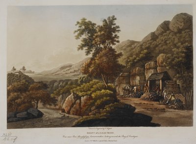 Schacht eines Bleibergwerks. Blick nahe Pont Aberglaslyn, Carnarvonshire, in Richtung der Bucht von Cardigan, veröffentlicht 1798 von John Hassell
