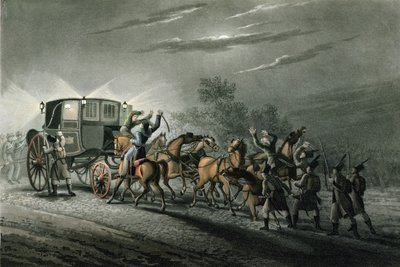 Die Eroberung von Bonapartes Kutsche, Papier und Schatz durch Major von Keller, Waterloo, 18. Juni 1815, graviert von Matthew Dubourg von John Heaviside Clark