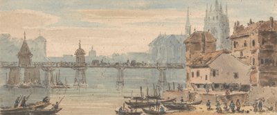 Basel, Brückenzentrum, Uferpromenade, mit Figuren und Schiffen rechts, mit Kathedrale hinter den Gebäuden von John Henderson