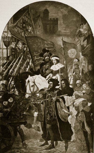 Heinrich VI. wird zur Schlacht von Barnet gebracht, 1471, Illustration aus 