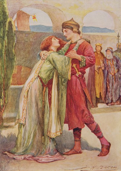 Posthumus und Imogen in Cymbeline aus Kindererzählungen von Shakespeare von Edith Nesbit (1858-1924), veröffentlicht von Raphael Tuck & Sons Ltd., London (Buchillustration) von John Henry Frederick Bacon