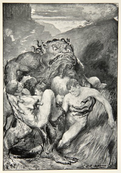 Der Dämon des Bösen, mit seinem wilden Rachen, gierig nach ihnen greifend, aus 