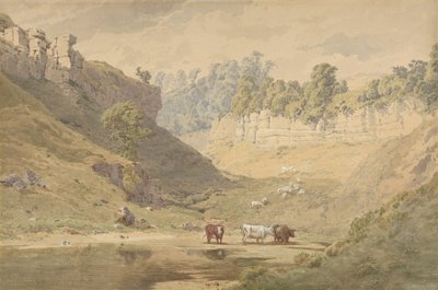 Rinder an einer Wasserstelle in einem Tal, 1830-86 von John Henry Mole