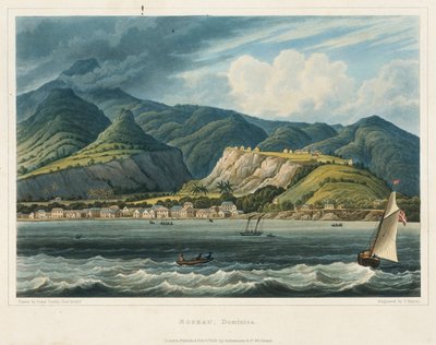 Die Stadt Roseau, Dominica (Karibik). Lithografie (32,2x46,6 cm) von Leutnant John Herbert Caddy (1801-1883) von John Herbert Caddy