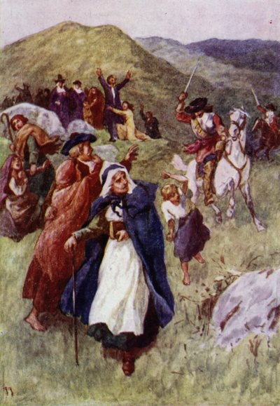 Soldaten vertreiben Menschen, die sich in den schottischen Hügeln zum Gottesdienst versammelt haben (Farblithographie) von John Jellicoe