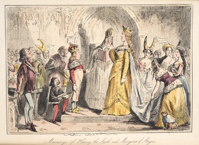 Hochzeit von Heinrich VI. mit Margarete von Anjou, aus The Comic History of England, veröffentlicht 1864 (handkolorierte Radierung) von John Leech