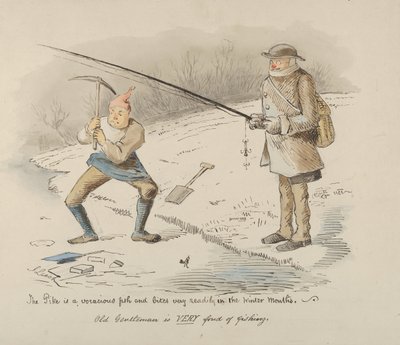 Der Hecht ist ein gefräßiger Fisch und beißt im Winter bereitwillig - Alter Herr, 1830-64 von John Leech