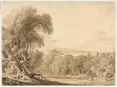 Figuren, die an einem See in einer bewaldeten Landschaft sitzen von John Martin