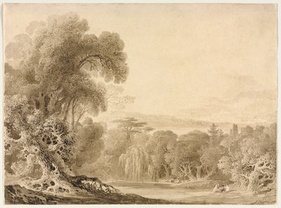 Figuren, die an einem See in einer bewaldeten Landschaft sitzen, 1820 von John Martin