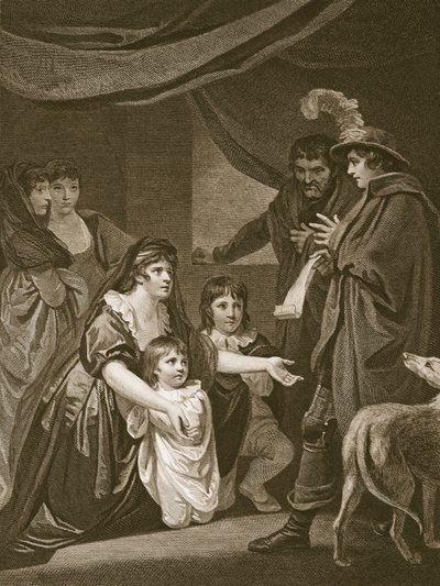 Lady Elizabeth Grey bittet Edward IV, ihre Kinder zu schützen, graviert von W. Bromley, Illustration aus David Humes 