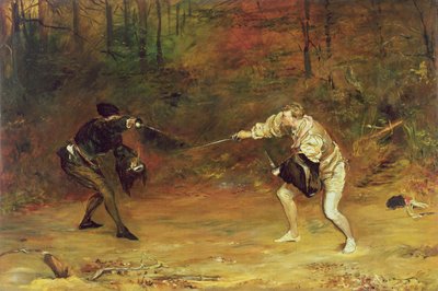 Bis zum Tod: Ein Schwert- und Dolchkampf mit einer Hand schlägt den kalten Tod ab und schickt ihn mit der anderen zurück von John Pettie