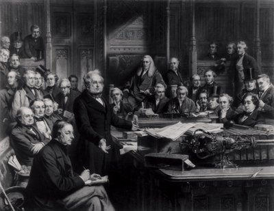Das Unterhaus im Jahr 1860: Lord Palmerston spricht das Haus während der Debatte über den Vertrag mit Frankreich an, graviert von Falkner, 1863 von John Phillip