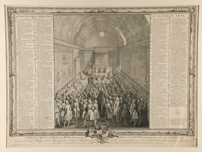 Ansicht des Hauses der Peers, der König auf seinem Thron sitzend, die Gemeinen ihm am Ende der Sitzung 1741/2 beiwohnend von John Pine