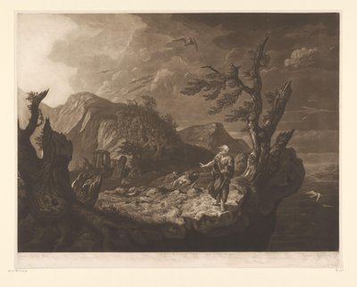 Stürmische Landschaft mit Barde am Rand einer Klippe von John Raphael Smith
