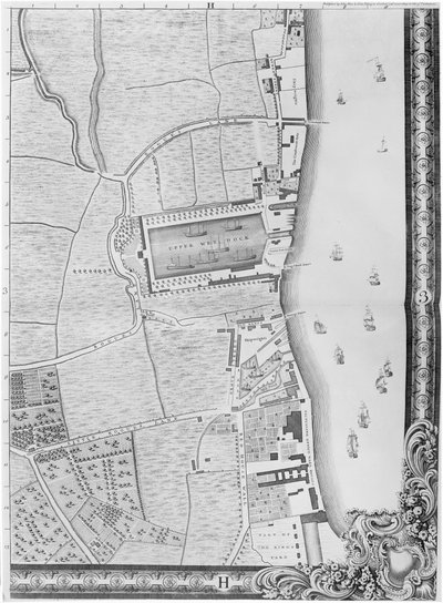 Eine Karte der unteren Rotherhithe-Docks, London, 1746 (Gravur) von John Rocque