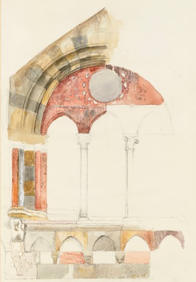 Ein Fenster des Broletto, Como: Schnelle Skizze in Farbe, zeigt die Methode der Marmorintarsien, August 1869? von John Ruskin