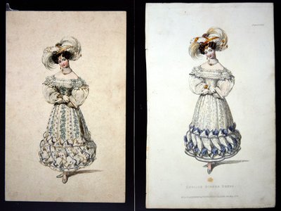 Skizze und Druck einer Modeplatte, ca. 1829 von John Samuel Agar