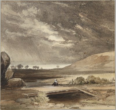 Landschaft mit stürmischen Wolken und Brücke von John Sell Cotman