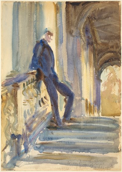 Sir Neville Wilkinson auf den Stufen der Palladian Bridge im Wilton House, 1904-5 von John Singer Sargent