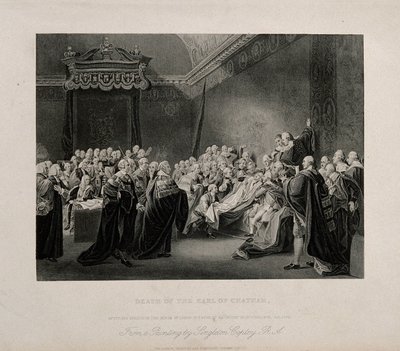 Der Tod von William Pitt, Lord Chatham, im Oberhaus des Palace of Westminster, 1778. Gravur nach J. Copley, 1779. von John Singleton Copley