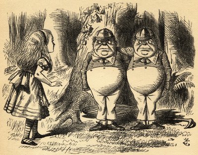 Alice mit Tweedledum und Tweedledee. Illustration von Sir John Tenniel von John Tenniel