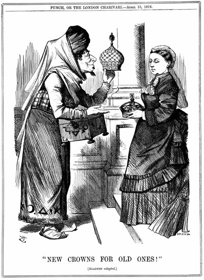 Benjamin Disraeli bietet Königin Victoria die Krone von Indien an. Sie wurde am 1. Mai 1876 zur Kaiserin von Indien ausgerufen. John Tenniel Karikatur aus Punch, London, 15. April 1876 von John Tenniel