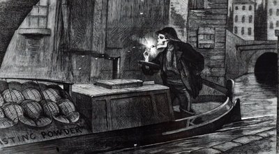 Wahlkampfkarikatur von John Tenniel, die vorschlägt, dass das Parlament Sicherheitsvorschriften für den Umgang und Transport von Sprengstoffen einführen sollte, nach der Zerstörung eines mit Schießpulver beladenen Lastkahns auf dem Regent