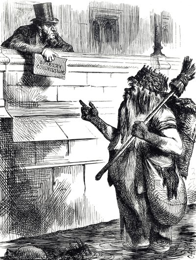 Karikatur, die die Verschmutzung der Themse und die Untersuchungen zu Bestechung bei Wahlen in Great Yarmouth, Reigate und Lancaster kommentiert von John Tenniel