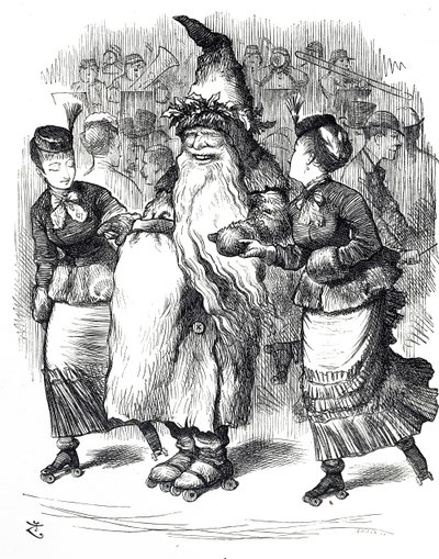 Karikatur, die den Weihnachtsmann auf Rollschuhen zeigt von John Tenniel