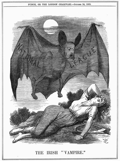 Irische National League, mit dem Gesicht von Charles Stewart Parnell (1846-1891), dargestellt als Vampir, der sich an Irland vergreift. John Tenniel Karikatur aus Punch London, 24. Oktober 1885. Gravur von John Tenniel
