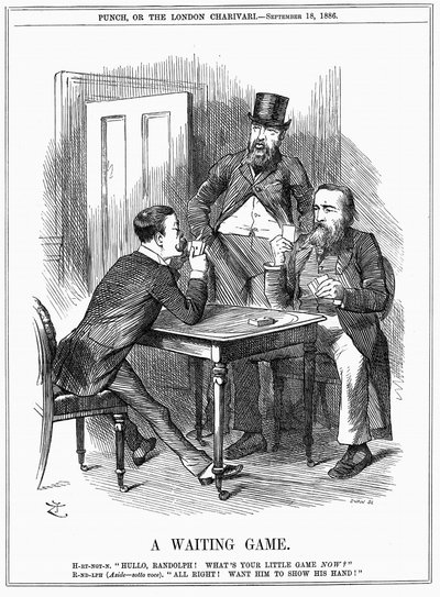 Lord Randolph Churchill (links) versucht Charles Stewart Parnell, irischer Politiker, dazu zu bringen, seine Karten zu zeigen und Churchill und Hartington wissen zu lassen, wie er die Parnelliten-Stimmen im Unterhaus einsetzen wird. John Tenniel Karikatur  von John Tenniel