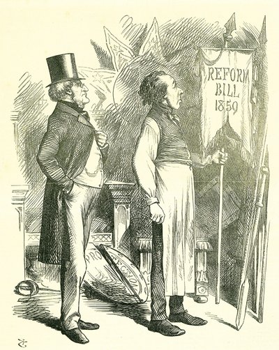 Politische Ökonomie: Reform des Parlaments - Erweiterung des Wahlrechts. Disraeli (Kanzler) und Derby (Premierminister) entstauben das Reformgesetz. 1867 brachte Disraeli ein neues Gesetz ein. John Tenniel Karikatur aus Punch, London von John Tenniel