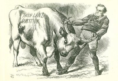Den (irischen) Stier bei den Hörnern packen: Gesetz, das am 15. Februar 1870 vom Parlament verabschiedet und am 8. Juli die königliche Zustimmung erhielt. Premierminister William Gladstone befasst sich mit dem Thema. John Tenniel Karikatur aus Punch, Londo von John Tenniel