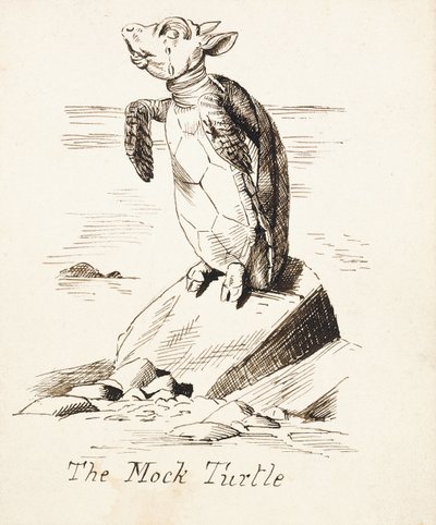 Die falsche Schildkröte, die auf einem Felsen weint, ca. 1865 von John Tenniel