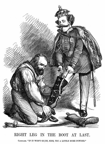 Vereinigung Italiens: Giuseppe Garibaldi (1807-1882) hilft Viktor Emanuel II. (1820-78) den Stiefel Italiens anzuziehen. John Tenniel Karikatur aus Punch, London von John Tenniel