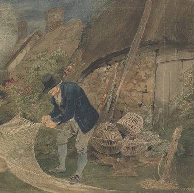 Ein alter Fischer repariert Netze mit einer Hütte im Hintergrund von John Thirtle