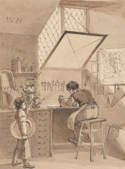 Hogarth graviert das Schild seines Meisters, das Zeichen des Engels von John Thomas Smith