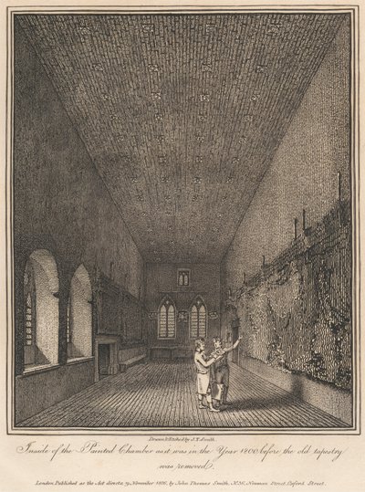 Innenansicht der Painted Chamber, wie sie im Jahr 1800 war, bevor der alte Wandteppich entfernt wurde von John Thomas Smith