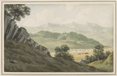 Llanelltyd-Brücke über den Maw, auf der Straße zwischen Barmouth und Dolgellau, Blick auf Hengwrt und weiter auf Cader Idris, Merionethshire, 16. Juli 1790 von John Warwick Smith