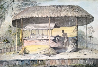Beerdigung mit Verstorbenem unter einem Baldachin, Tahiti, Gesellschaftsinseln, Aquarell von John Webber aus der Beschreibung von Captain James Cooks letzter Reise, Polynesien von John Webber