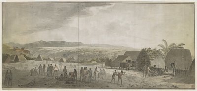 [Gesamte Zeichnung] Zeichnung von Captain Cooks Besuch im Dorf Waimea, Atooi [Kauai], Januar 1778. Einige Männer rollen Fässer, andere handeln mit Hawaiianern. Rechts tragen zwei Eingeborene ein an einen Pfahl gebundenes Schwein. Hinter ihnen, Eingeborenen von John Webber