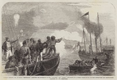 Kapitän Hewlett, CB, von HMS Edinburgh, leitet die Bewegungen der Snapper- und Stork-Kanonenboote auf ein russisches Dreidecker zwischen Gustafsvern und Bartholomäus von John Wilson Carmichael