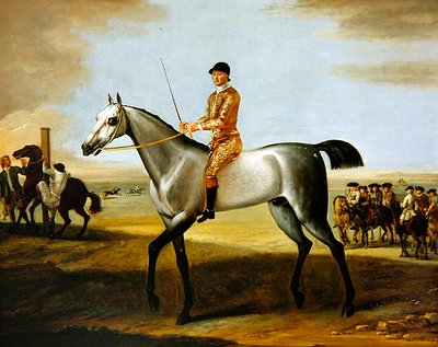 Der berühmte graue Rennpferd Coneyskins des Herzogs von Rutland mit Jockey auf Newmarket Heath von John Wootton