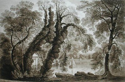 Ansicht des Tempelbrunnens von der gegenüberliegenden Seite, Sezincote, graviert von Frederick Christian Lewis Snr., c.1817-18 von John after Martin