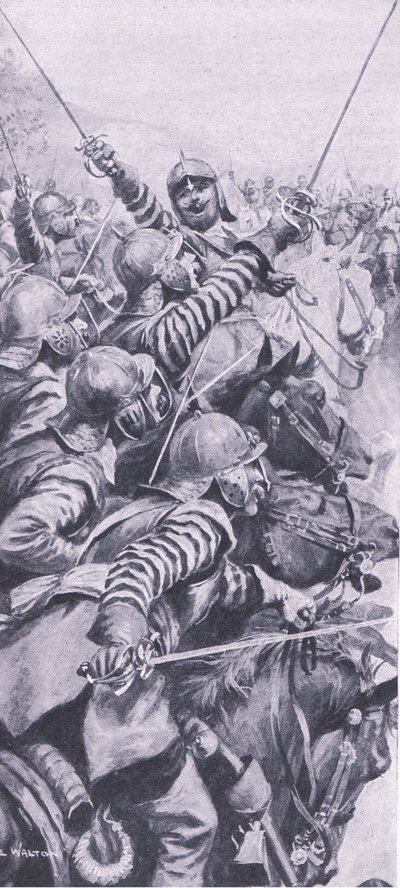 Kavalleriegefecht in der Schlacht von Edgehill, 23. Oktober 1642, Illustration aus British Battles on Land and Sea, 1915 von John de Walton