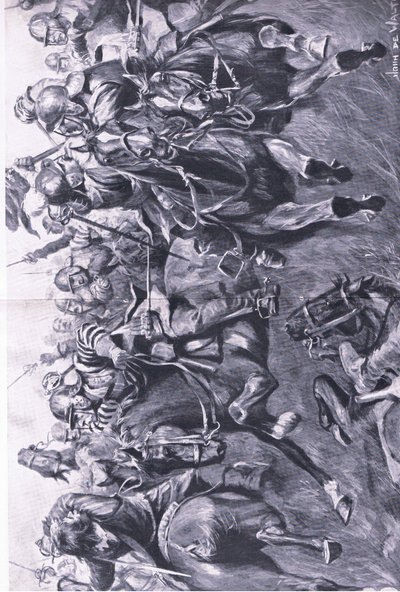 Marston Moor, 2. Juli 1644: Die schottische Kavallerie unter Leslie greift Prinz Ruperts Flanke an, Illustration aus British Battles on Land and Sea, 1915 von John de Walton